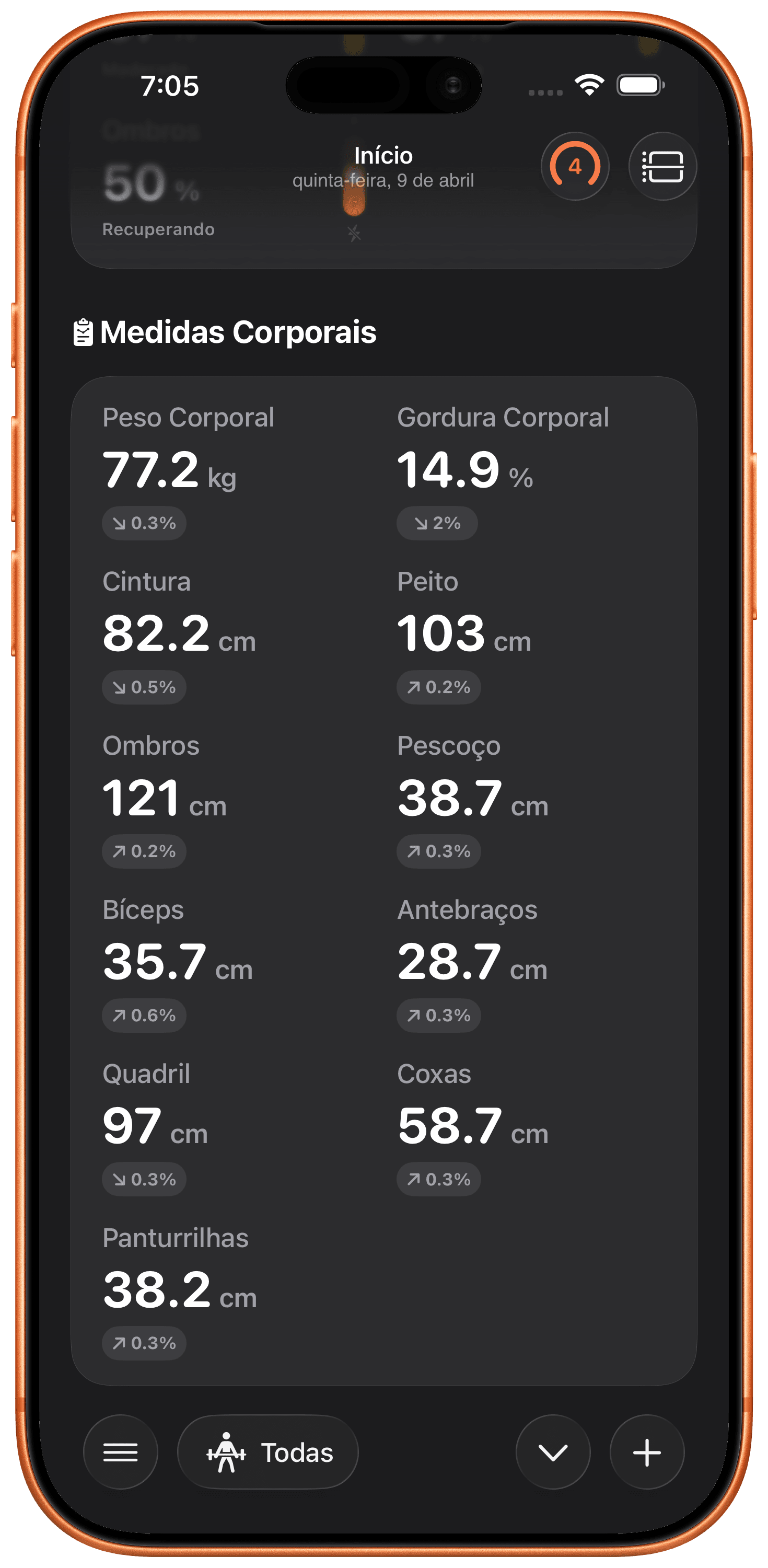 Acompanhe Métricas Corporais.