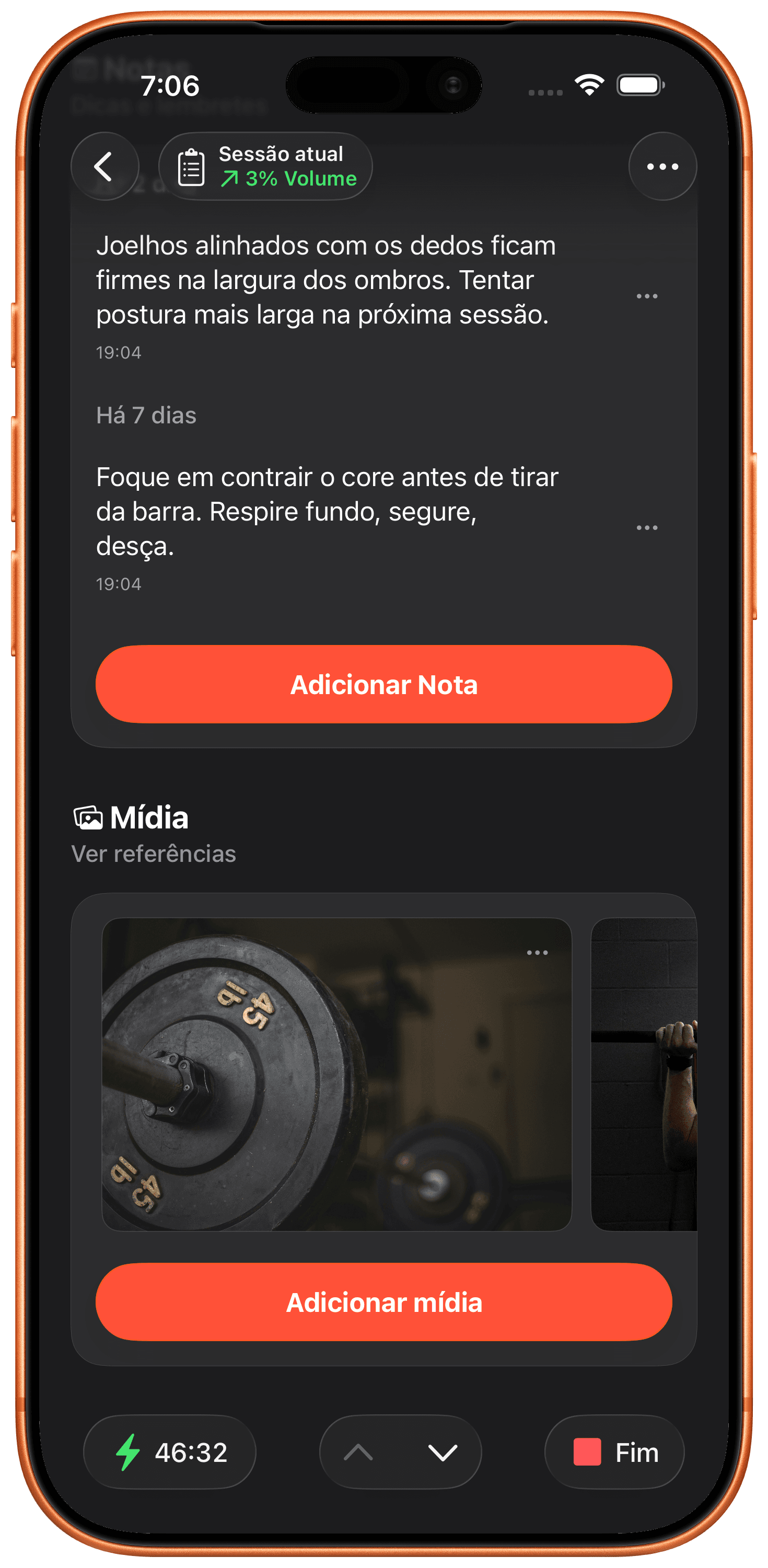 Adicione Notas e Fotos a Qualquer Exercício.