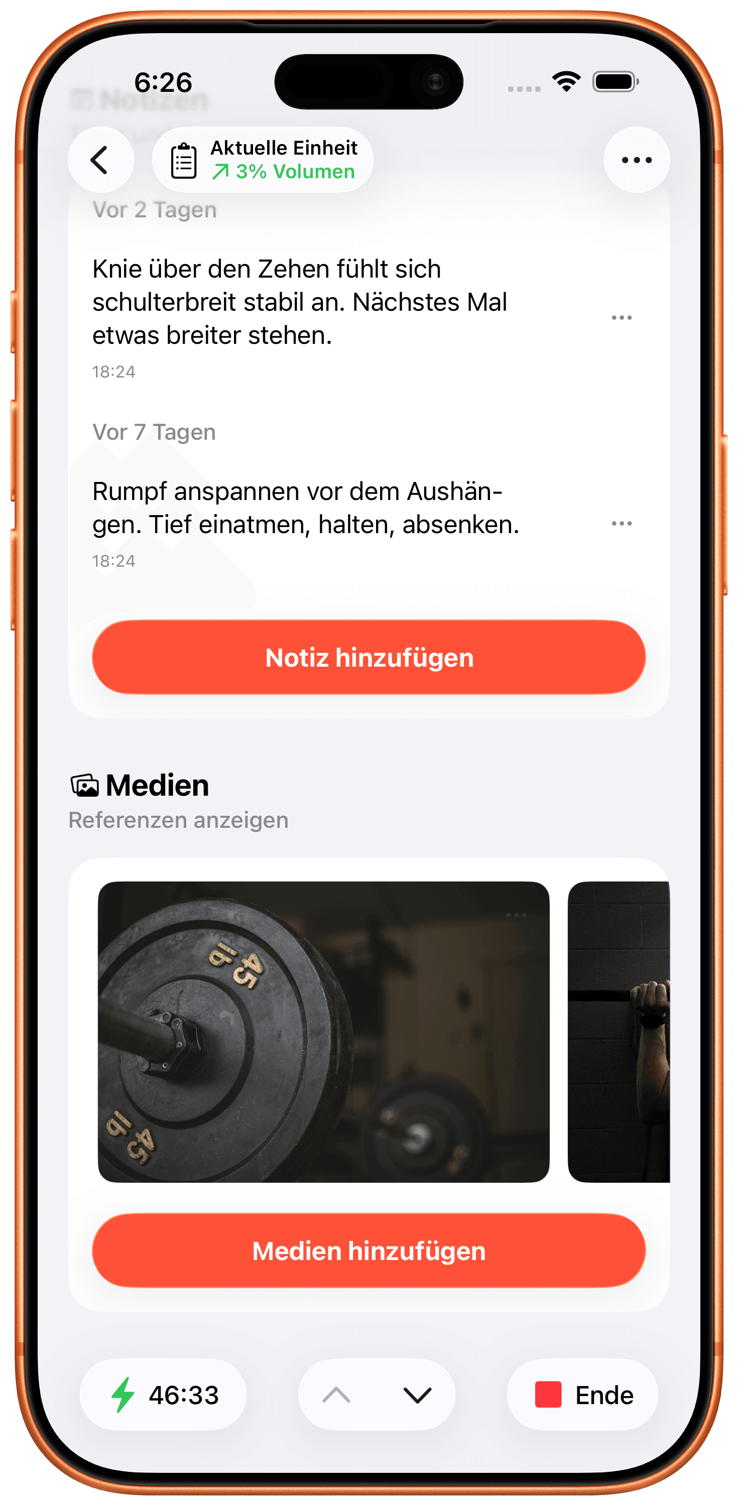 Füge Notizen & Fotos zu Jeder Übung Hinzu.