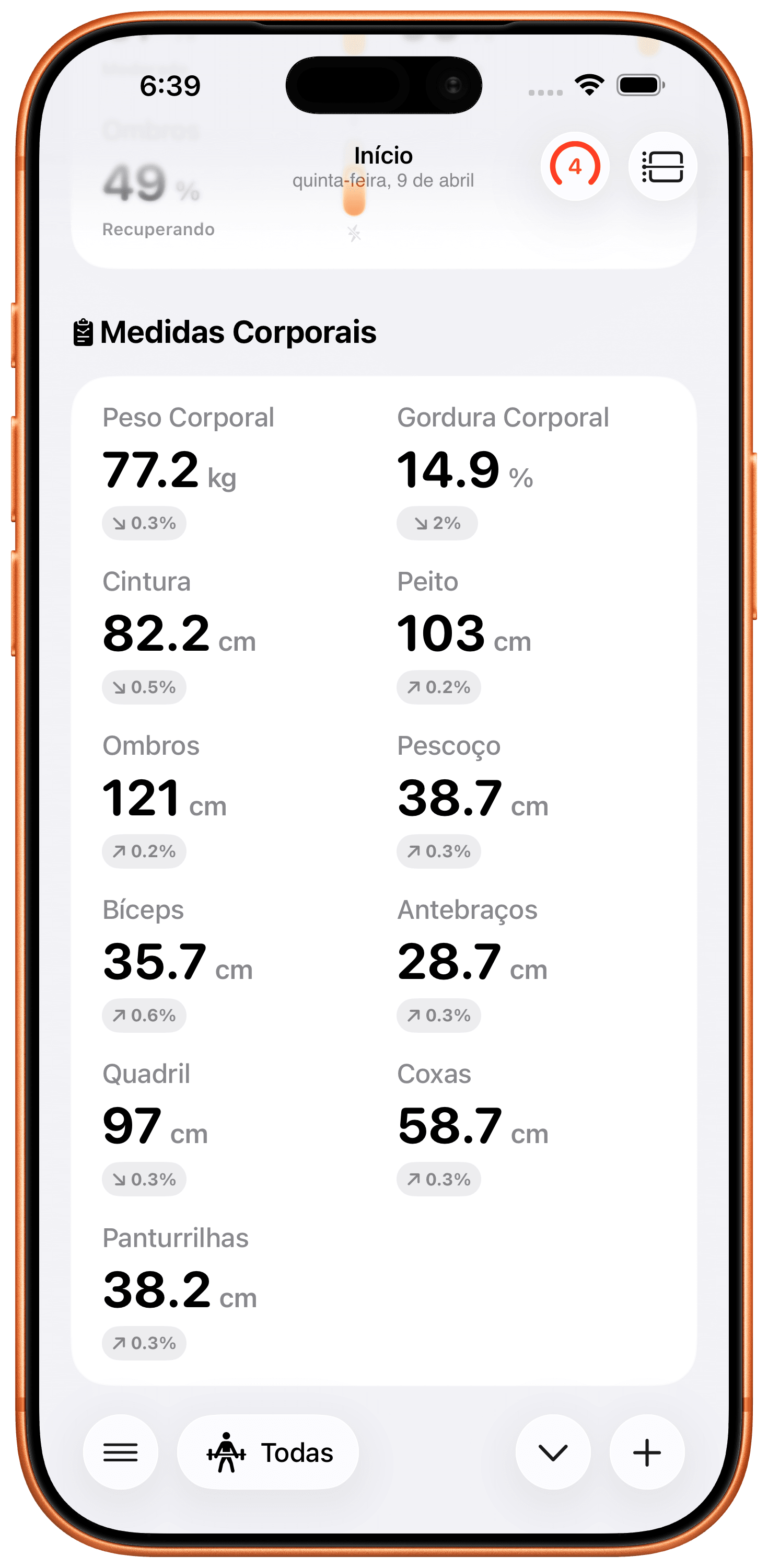 Acompanhe Métricas Corporais.