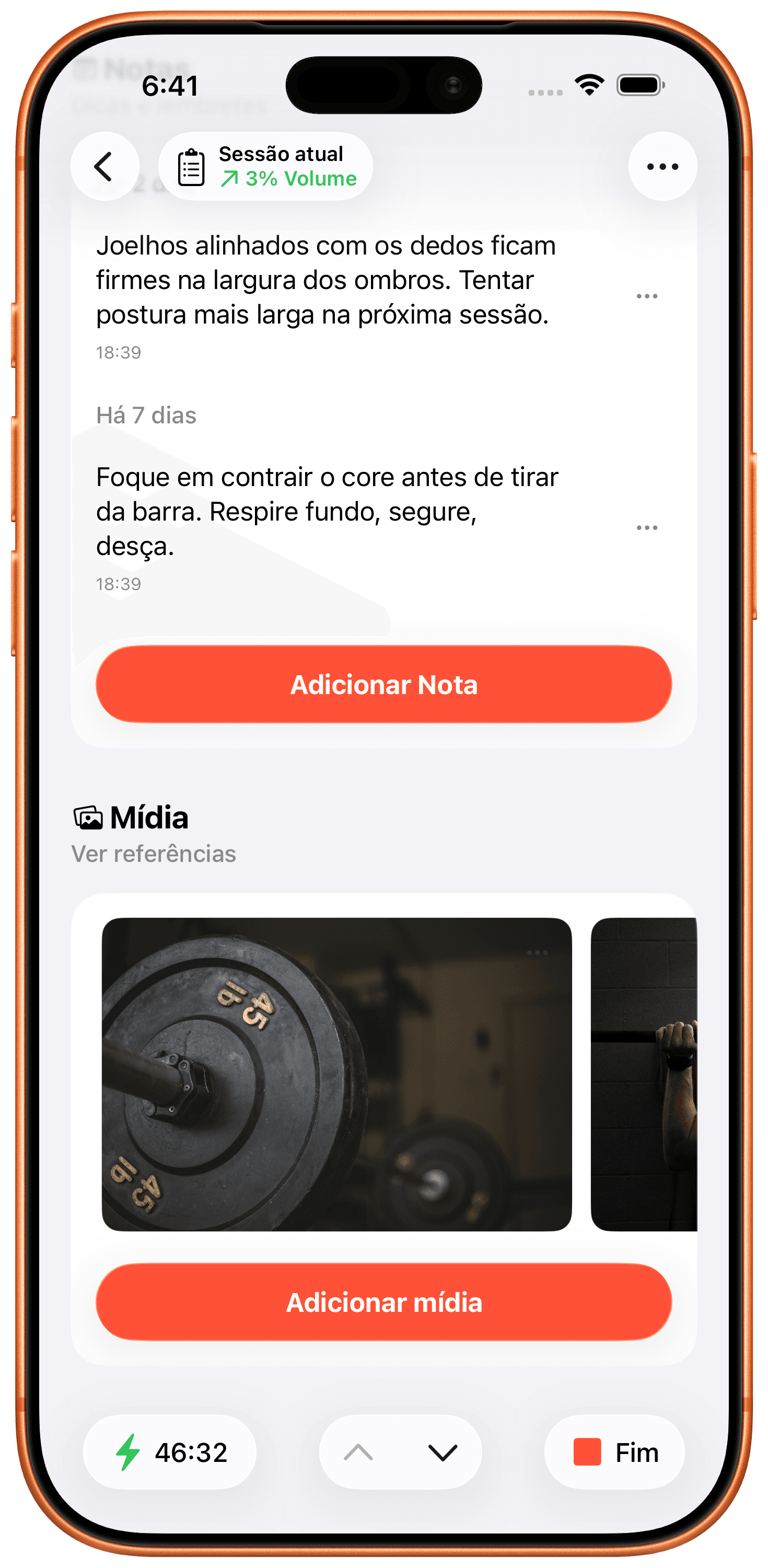 Adicione Notas e Fotos a Qualquer Exercício.